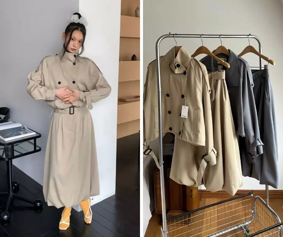 Foundation 老錢風套裝 立領風衣夾克外套 腰帶燈籠長裙