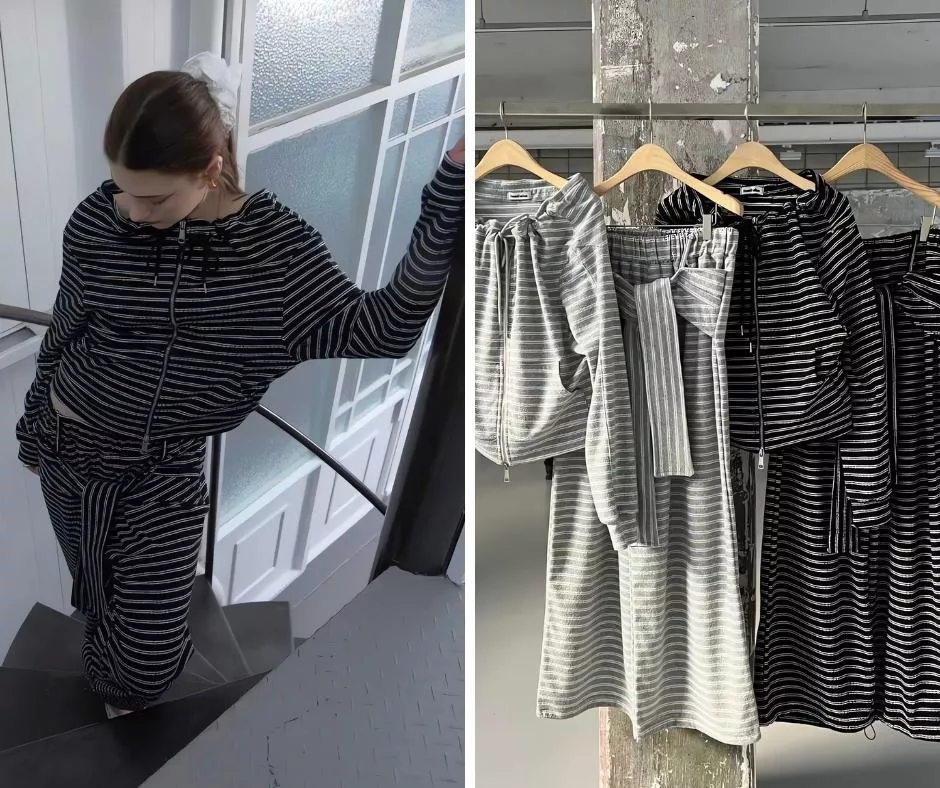 Foundation 條紋休閒套裝 一字領抽繩拉鍊上衣 雙片綁帶束口鬆緊腰長褲