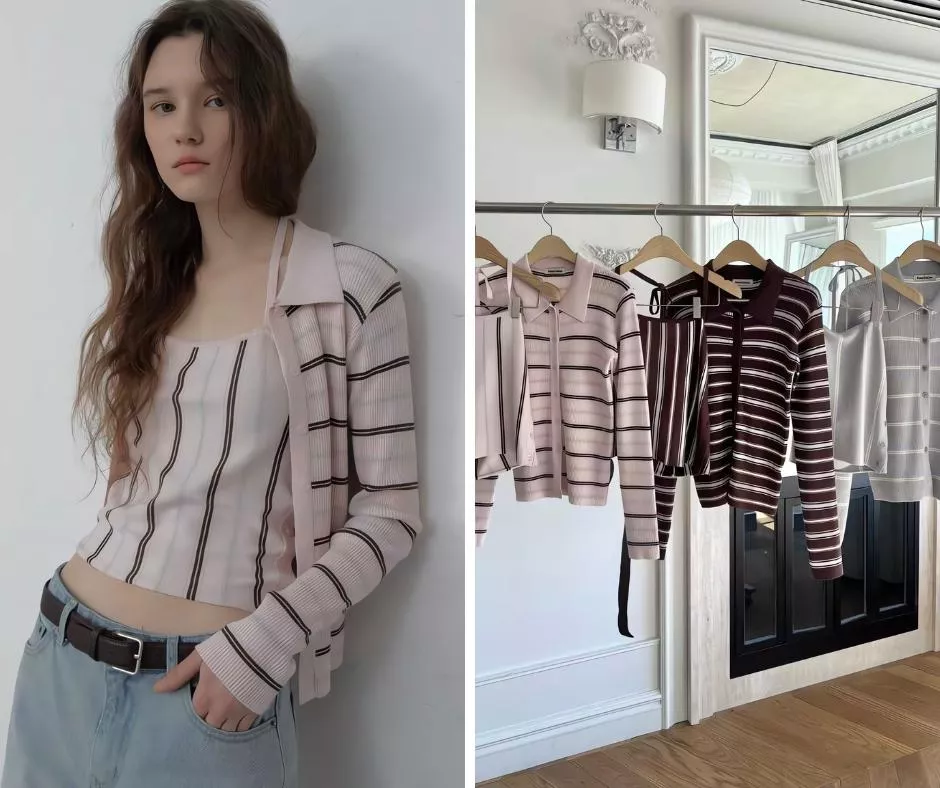 Foundation 韓系溫柔！細條紋針織外套 繞頸綁帶背心兩件套組