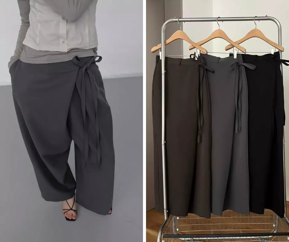 Foundation 高腰不對稱繫帶垂墜感西裝寬褲