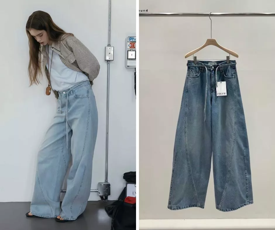 unbound 線條感顯瘦腰帶水洗牛仔寬褲