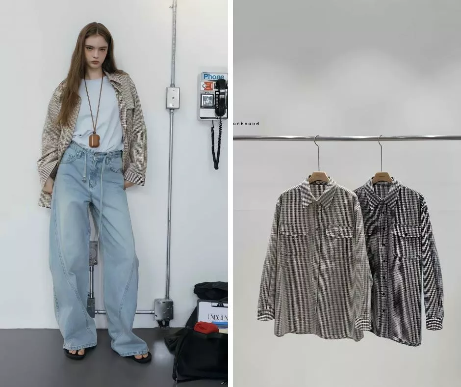 unbound 美式復古大口袋細格紋襯衫