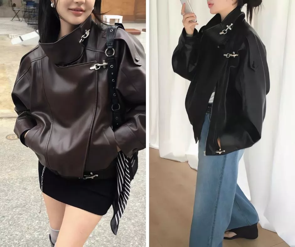 Foundation 斜扣立領皮革騎士外套 皮衣外套