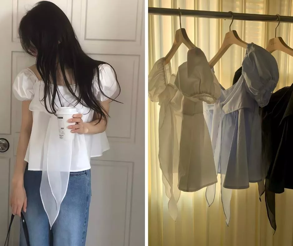 objet 方領綁帶蝴蝶結泡泡袖上衣