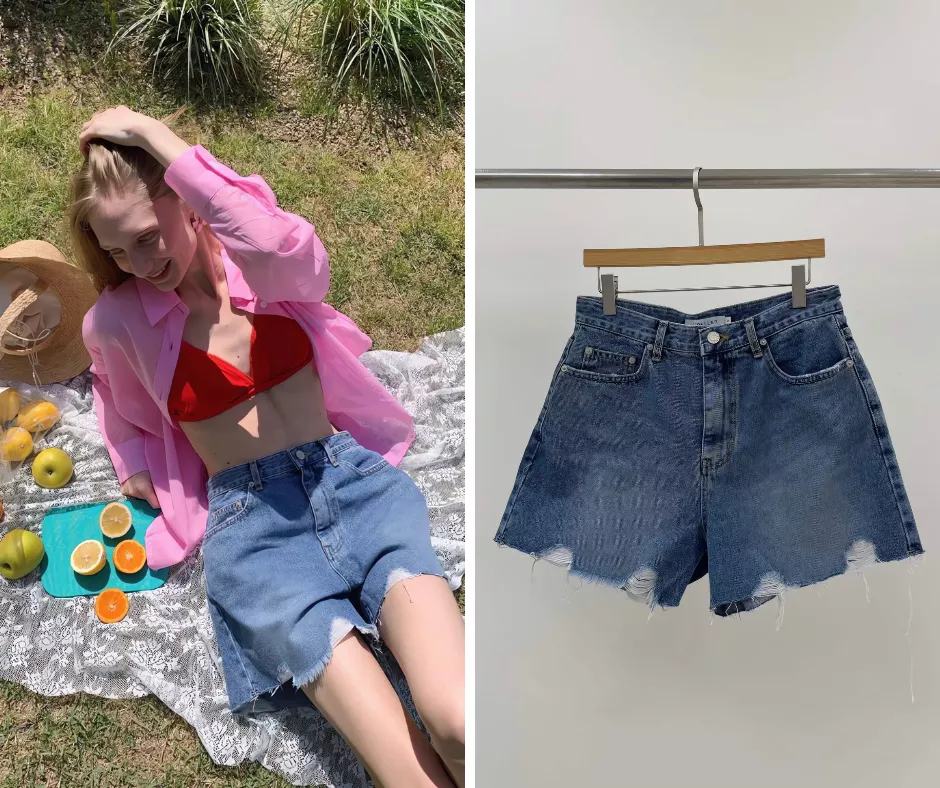 Repeller 復古水洗刷破Ａ字牛仔短褲