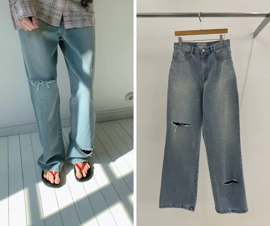 Repeller 復古丹寧水洗割破牛仔直筒長褲