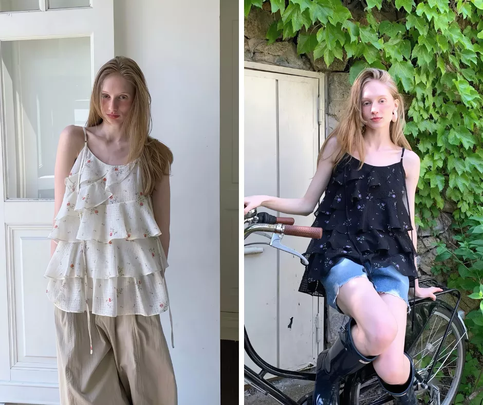 Repeller 荷葉邊碎花長版細肩帶上衣
