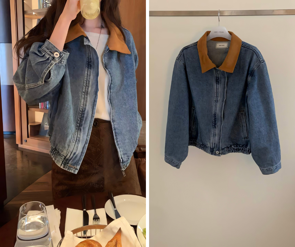 Objet 撞色翻領拼接牛仔外套