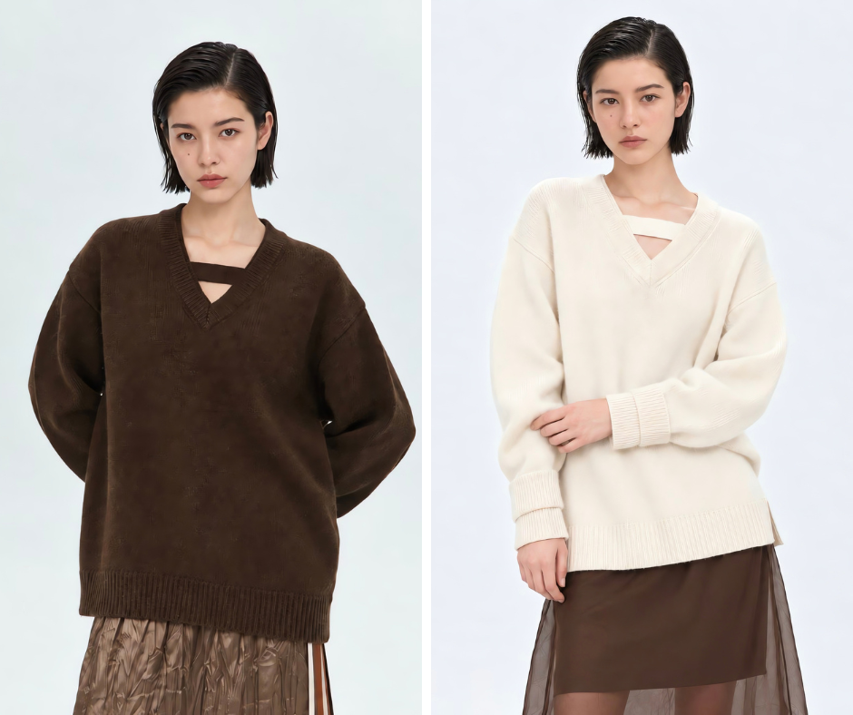 Mydress 可拆式A字V領層次感針織長袖上衣