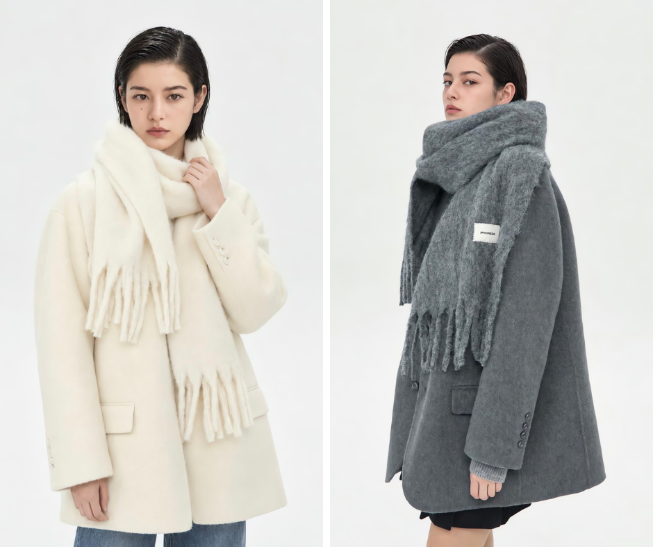 Mydress 圍巾外套組 可拆式鋪棉內裡羊毛西裝外套  流蘇大披肩圍巾