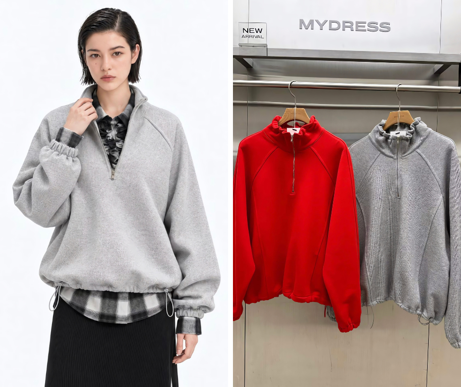 Mydress 小花邊縮口領半拉鍊羅紋長袖上衣