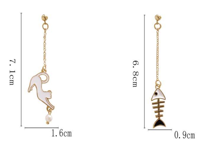 貓咪魚骨頭長墜珍珠耳環