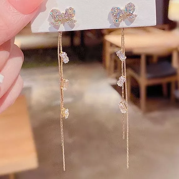 韓款 超閃鋯石彩珠水鑽蝴蝶結耳環 珍珠 女 長款 流蘇 耳釘 耳飾 耳環 耳針 飾品