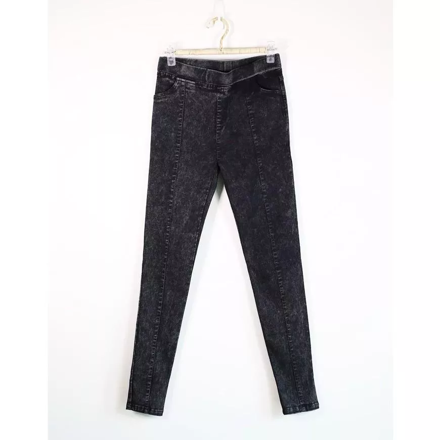 質感鬆緊帶彈力顯瘦修身單寧雪花紋窄管褲長褲‧黑色/K028