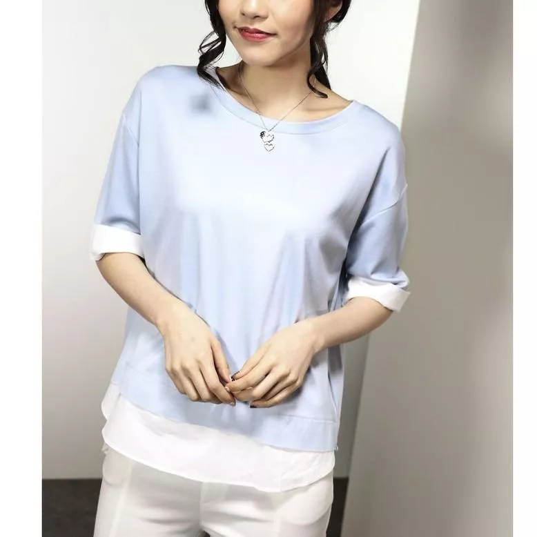 顯瘦圓領棉T恤拼接襯衫彈性蓋屁屁前短後長七分袖彈性設計T恤上衣‧2色【K045】