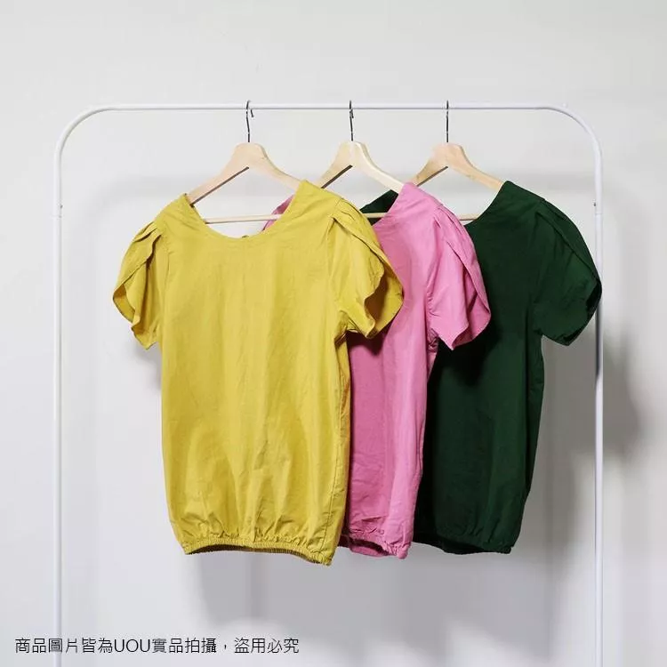 韓‧春夏圓領兩面穿荷葉袖短袖上衣一字領T恤上衣顯瘦寬鬆襯衫下擺伸縮縮口棉麻上衣