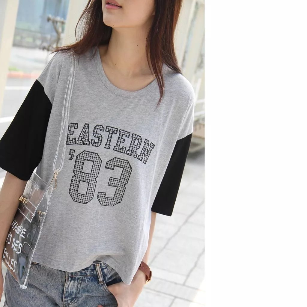韓 春夏新款 短袖上衣 寬鬆撞色短袖棉質T恤棉t短版質感數字拼接袖口顯瘦 灰色 K180