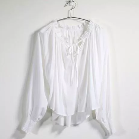 好質感氣質領口蝴蝶結綁帶抓皺泡泡袖寬鬆垂墜棉麻傘狀襯衫上衣【K042】