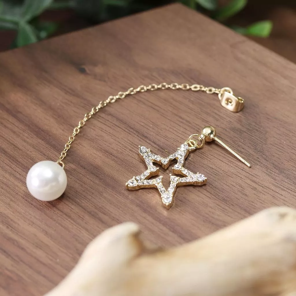 韓風 超閃鋯石水鑽星星耳環 珍珠 女 長款 流蘇 耳釘 耳飾 耳環 耳針 飾品