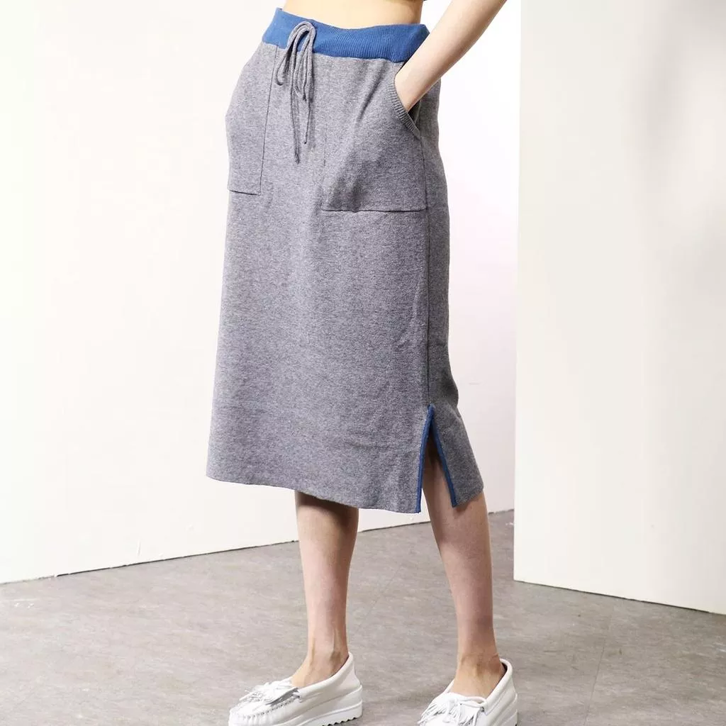 正韓 韓製 質感簡約配色鬆緊綁帶下擺開岔顯瘦修身及膝裙短裙針織中長裙 2色/K006