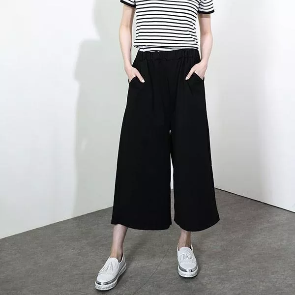 休閒百搭舒適顯瘦可伸縮黑色口袋寬褲 A101