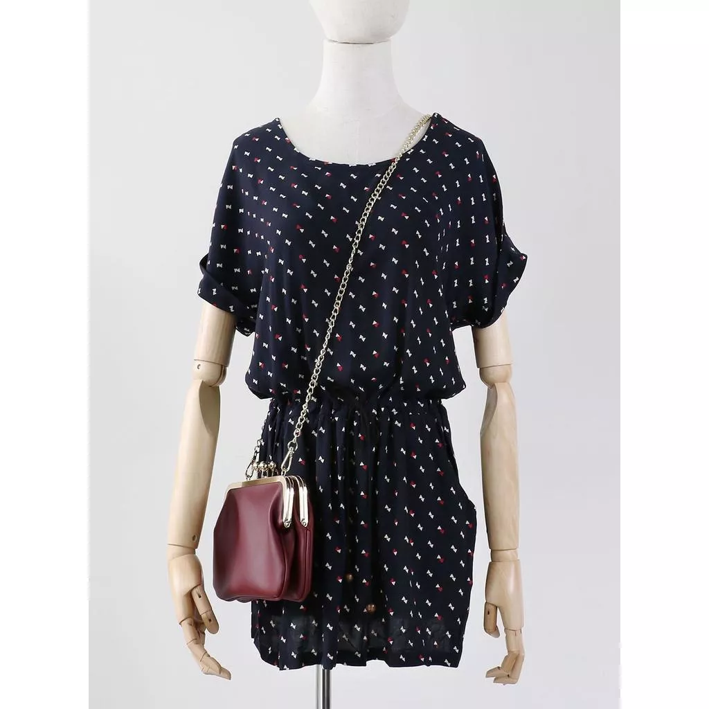 韓‧ 圓領蝴蝶結花紋抽繩縮腰棉麻短袖T恤上衣