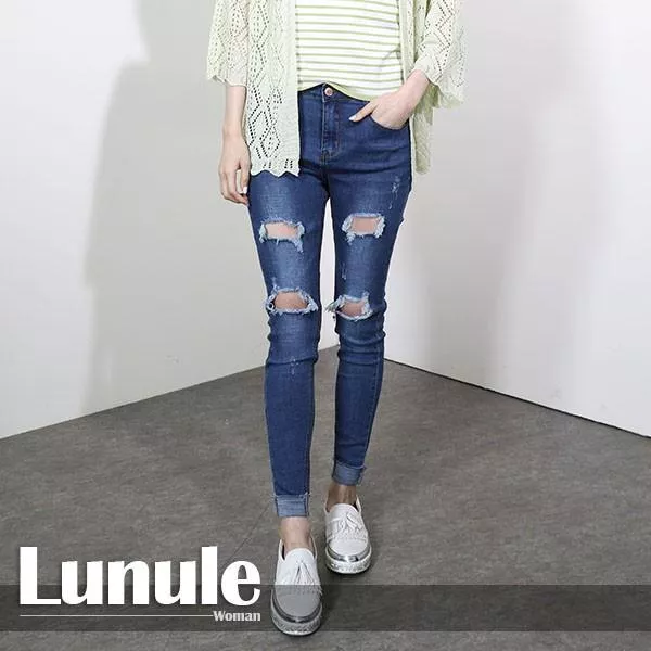 百搭抓破刷白反摺顯瘦合身休閒牛仔長褲 A1021