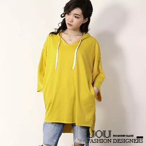 黃色質感鬆緊顯瘦修身前短後長蓋屁屁長版七分袖連帽棉麻衫T恤長袖上衣‧3色 /K002