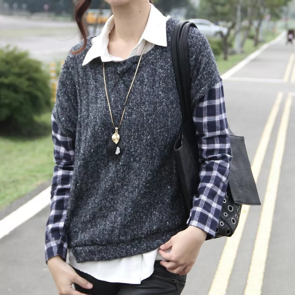 率性拼接格紋秋冬針織圓領 顯瘦修身 長袖上衣