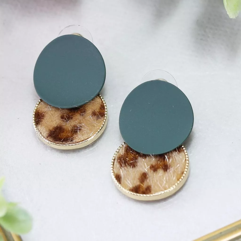 歐美復古豹紋拼接素面圓形結珍珠造型 耳釘 耳飾 耳環 耳針 女 飾品