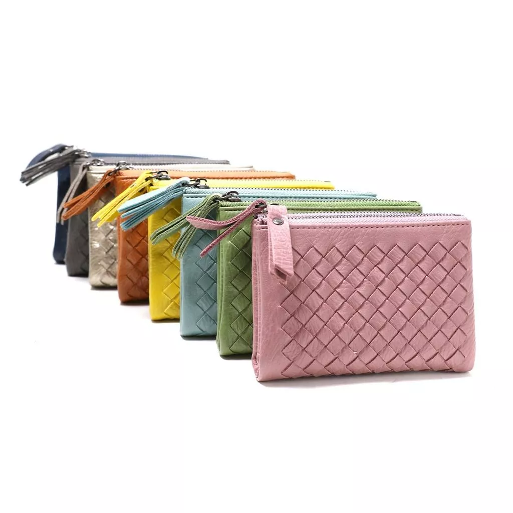 韓國時尚款 簡約 手工編織簡約拉鏈短夾 皮夾 卡片夾 鑰匙扣 鑰匙包 7色