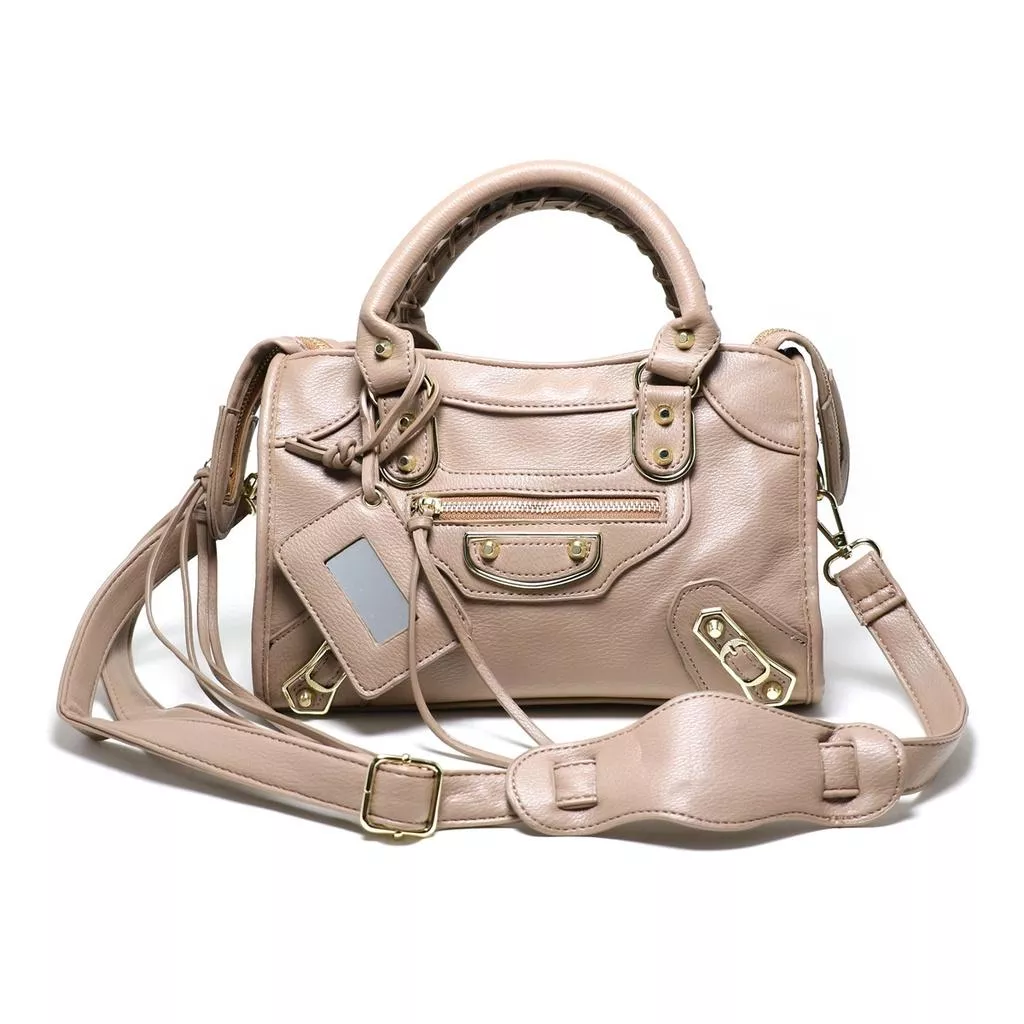 韓國時尚款 簡約金邊 荔枝紋皮革機車包 中小款 包包 女包  (附鏡子+斜背帶) 包包