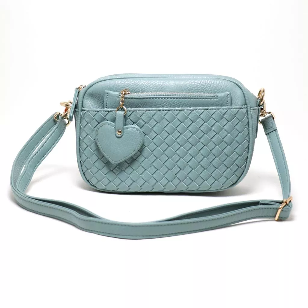 (藍綠色) 韓國時尚款 手工編織愛心卡夾斜背包  側背小方包  kr196