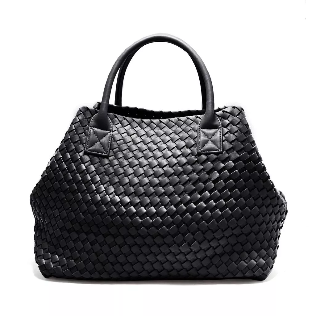 (黑色)百搭時尚 手工編織質感簡約氣質托特包 手提包 素色 A4可放入 百搭潮流款 大方包 包包 女包(附卡夾袋) 包包