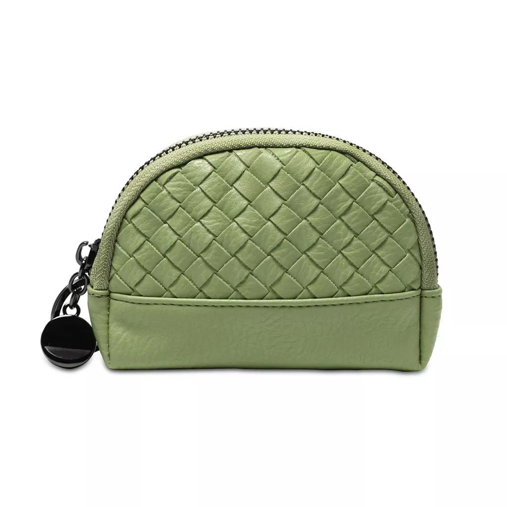 (淺綠色)韓國時尚款 手工編織拉鏈零錢包 拼接編織 收納包 鑰匙包 零錢包