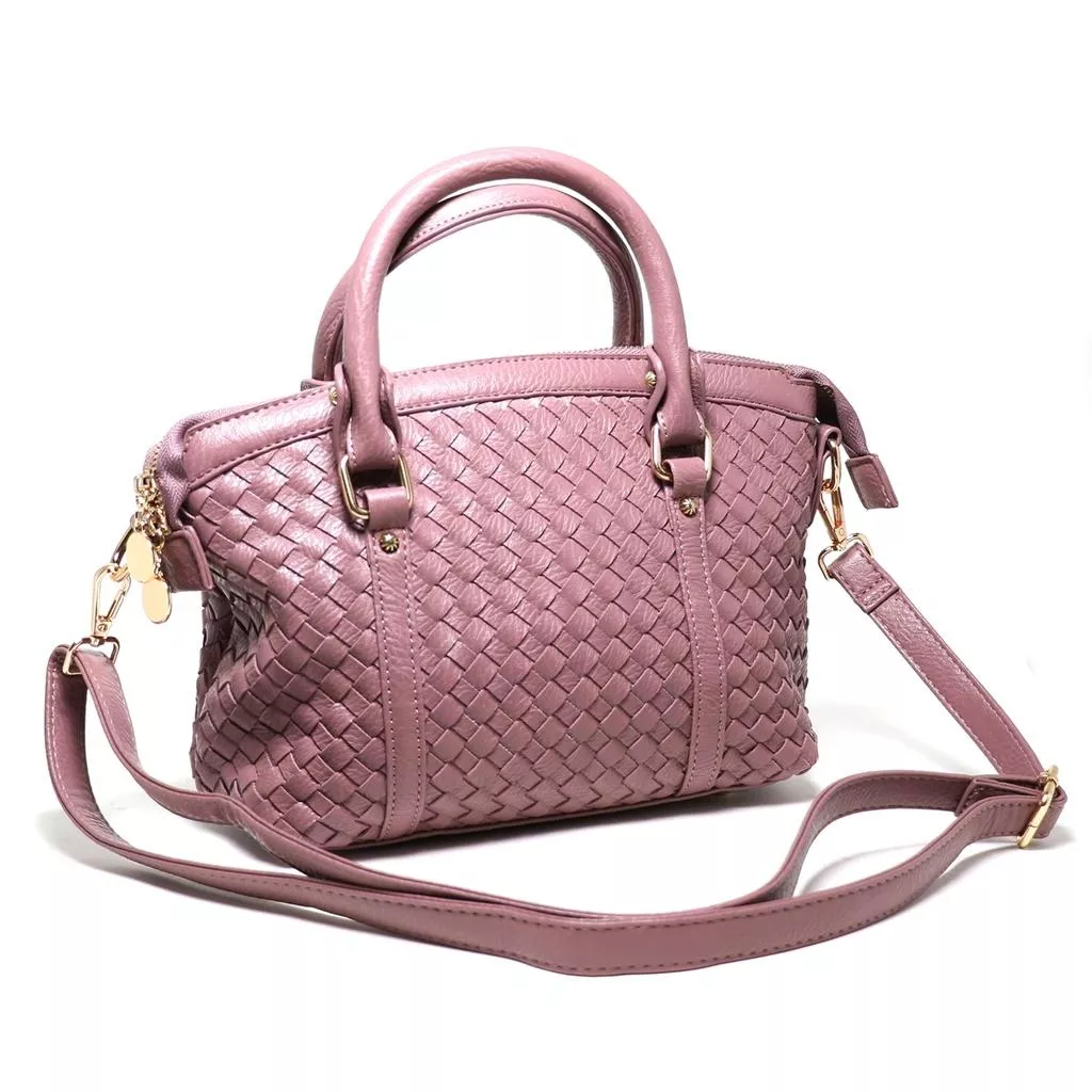 (粉藕色)韓國時尚款 手工編織簡約斜背包 休質感 百搭潮流側背包 方包 波士頓包 (附斜背帶) 包包