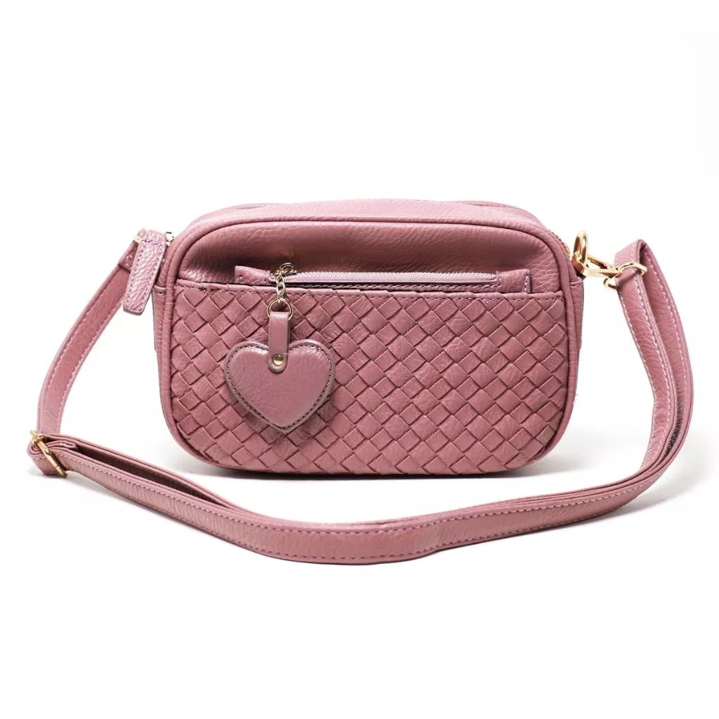 (藕粉色) 韓國時尚款 手工編織拼接愛心卡夾側背小方包 斜背包