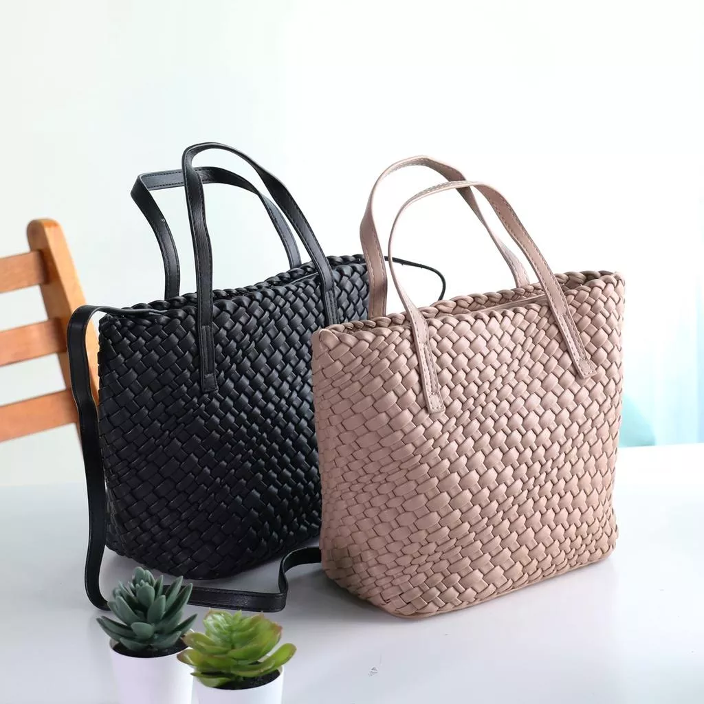 韓國時尚款 雙層手工編織 托特包 梯形小方包 手提包 斜背包 附斜背帶 側背包 包包