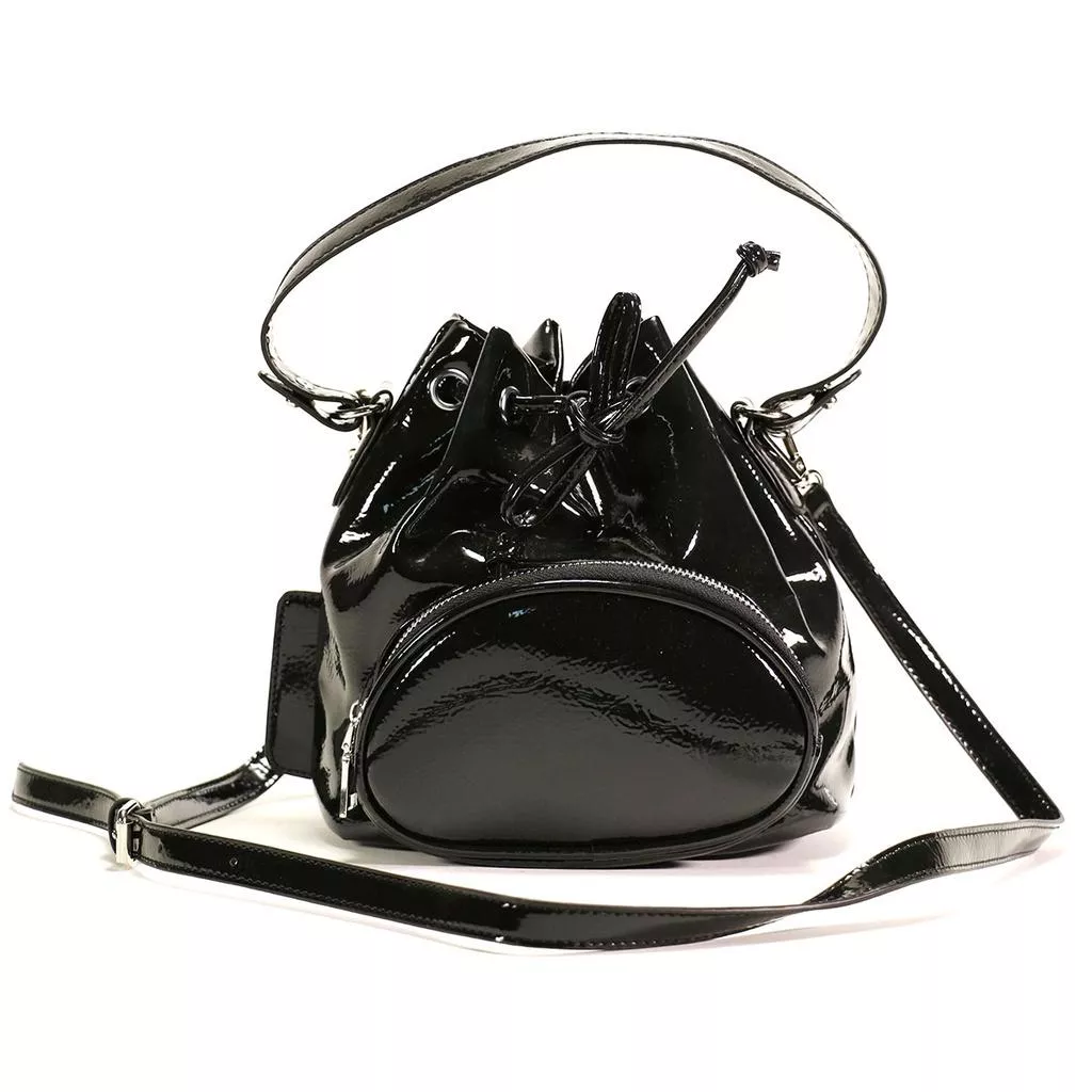 韓國時尚款 質感漆皮抽繩束口側背包斜背包水桶包(附斜背帶)‧2色