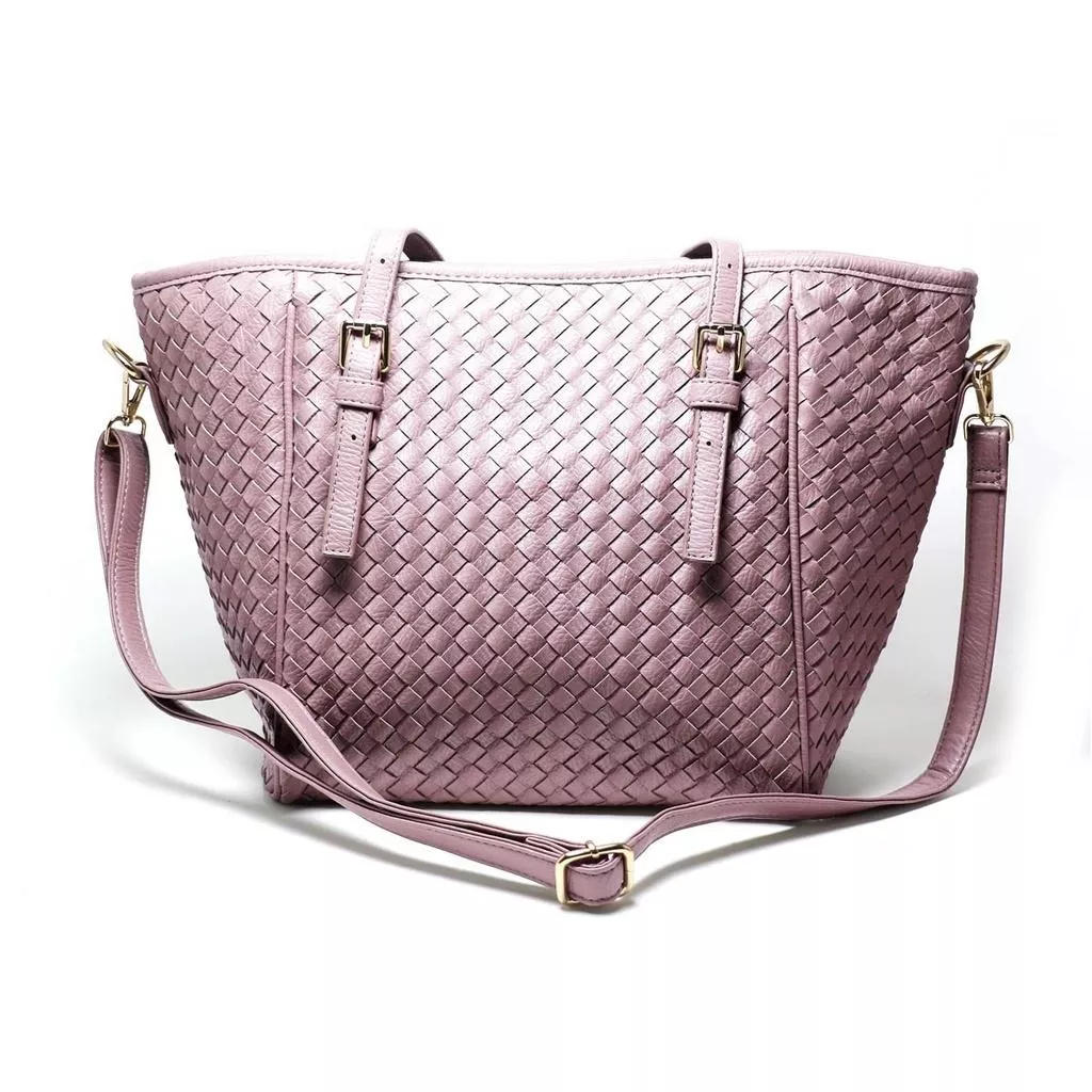 (藕粉色)大容量兩用托特包 編織包 兩用梯形包 兩用變形包 皮帶穿孔 肩背包 大方包 韓系美型大方包 A4可放入