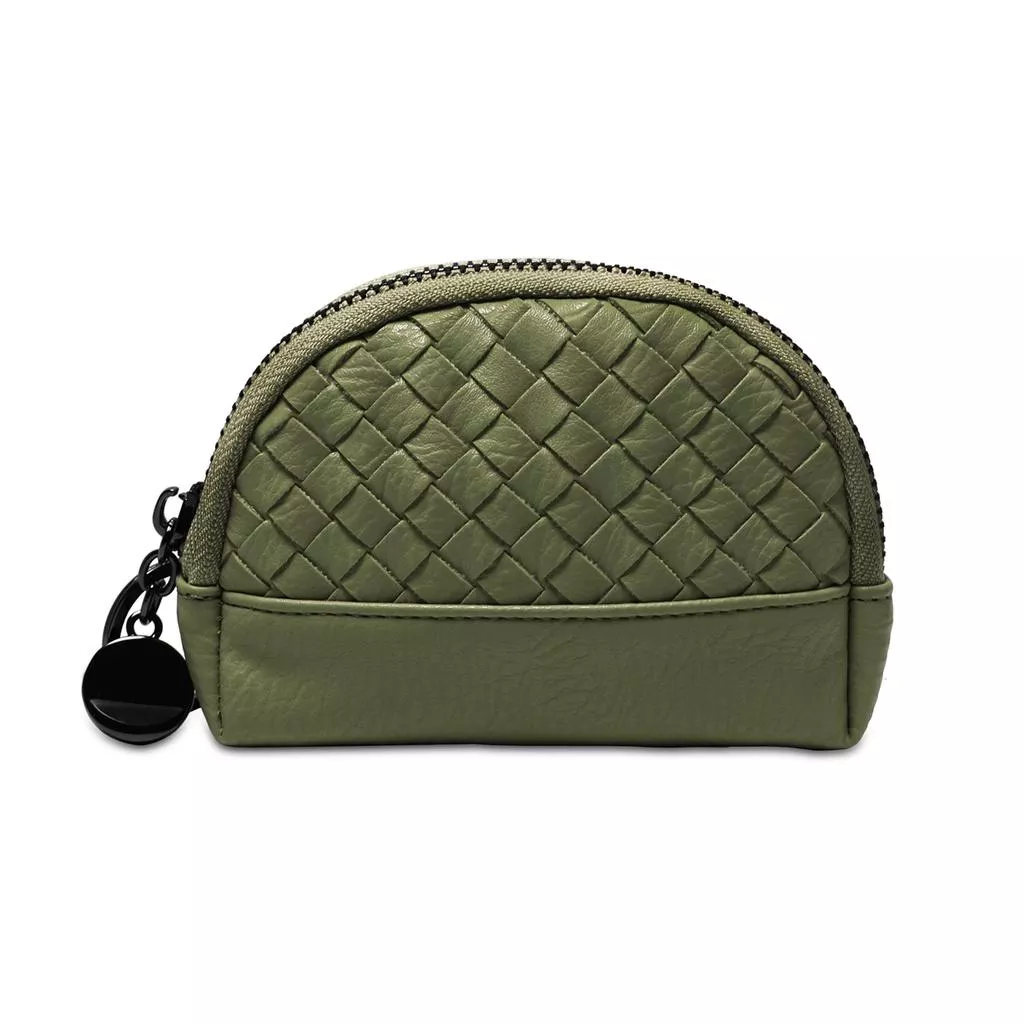 (墨綠色)韓國時尚款 手工編織拉鏈零錢包 拼接編織 收納包 鑰匙包 零錢包