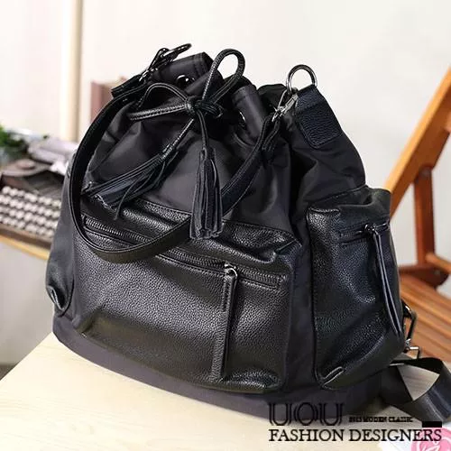 好質感 簡約素面 大容量流蘇 束口 抽繩 水桶包防水布面 單肩包/側背包後背包 大方包 包包