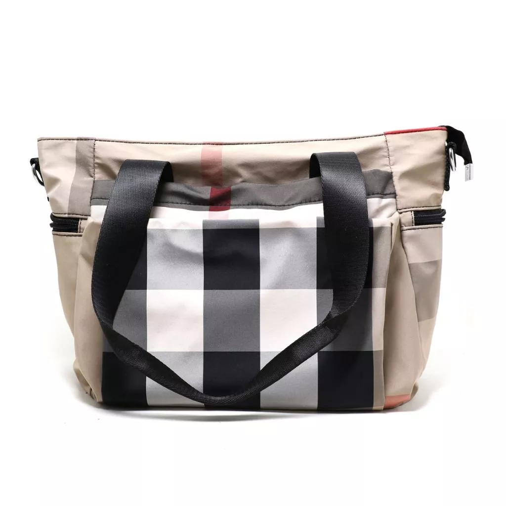 韓國時尚款 格紋拼接雙拉鏈側背大方包 托特包 雙拉鏈 多袋 金屬拉鍊