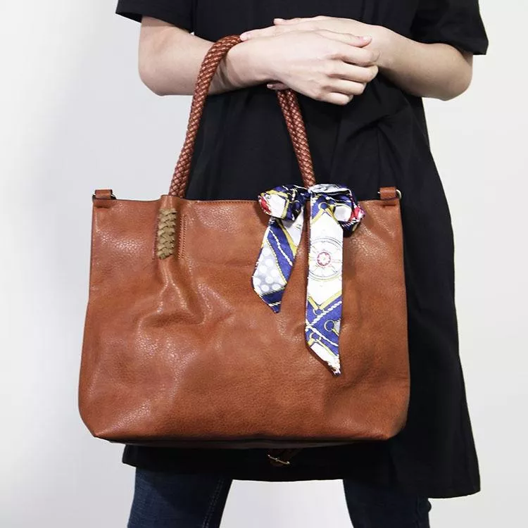 韓國時尚款 素面簡約提把編織大容量絲巾側背包/大方包/子母包/斜背包 3色