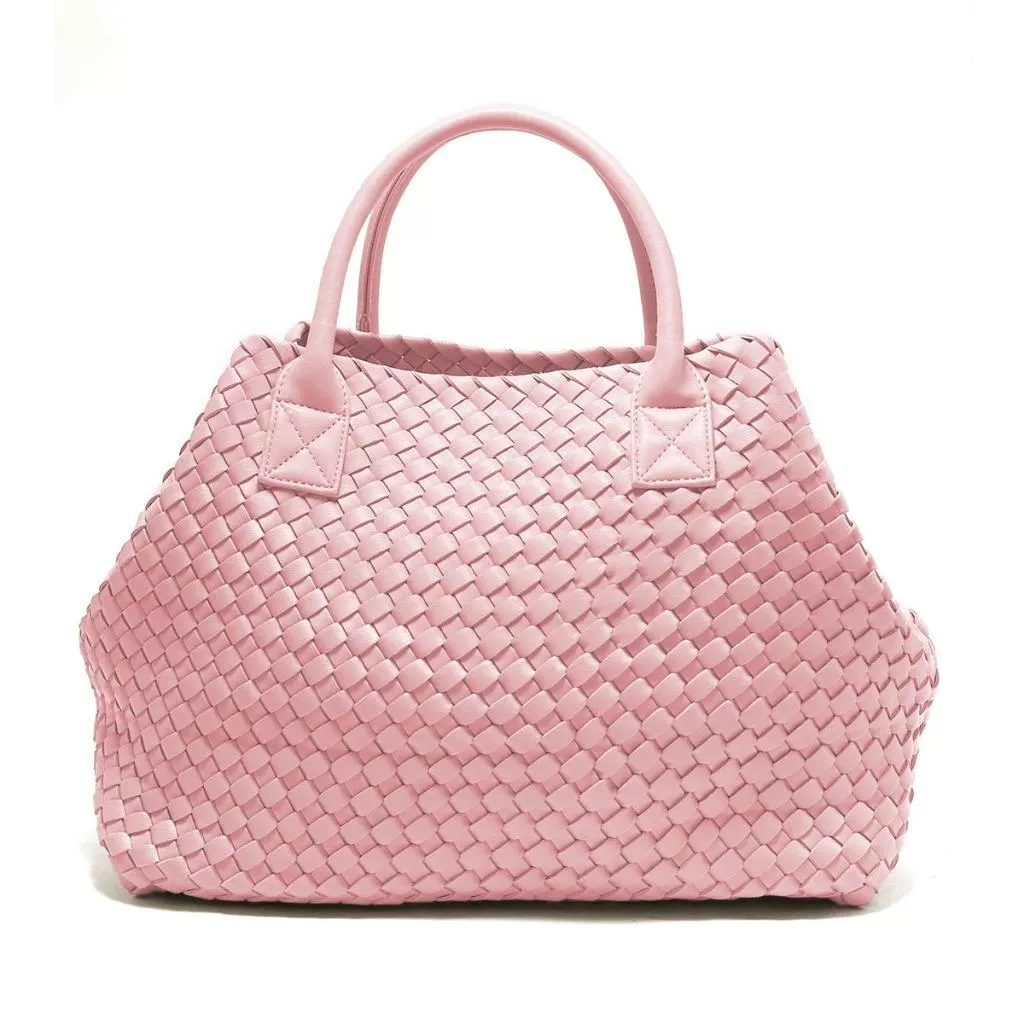 (亮麗粉)手工編織質感簡約氣質托特包 手提包 素色 百搭潮流款 大方包 A4可放入 包包 女包(附卡夾袋) 包包