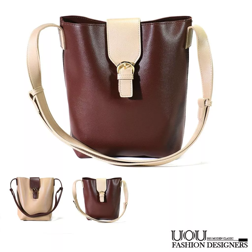 韓國時尚款 撞色掀蓋子母包 水桶包 簡約氣質側背包/斜背包