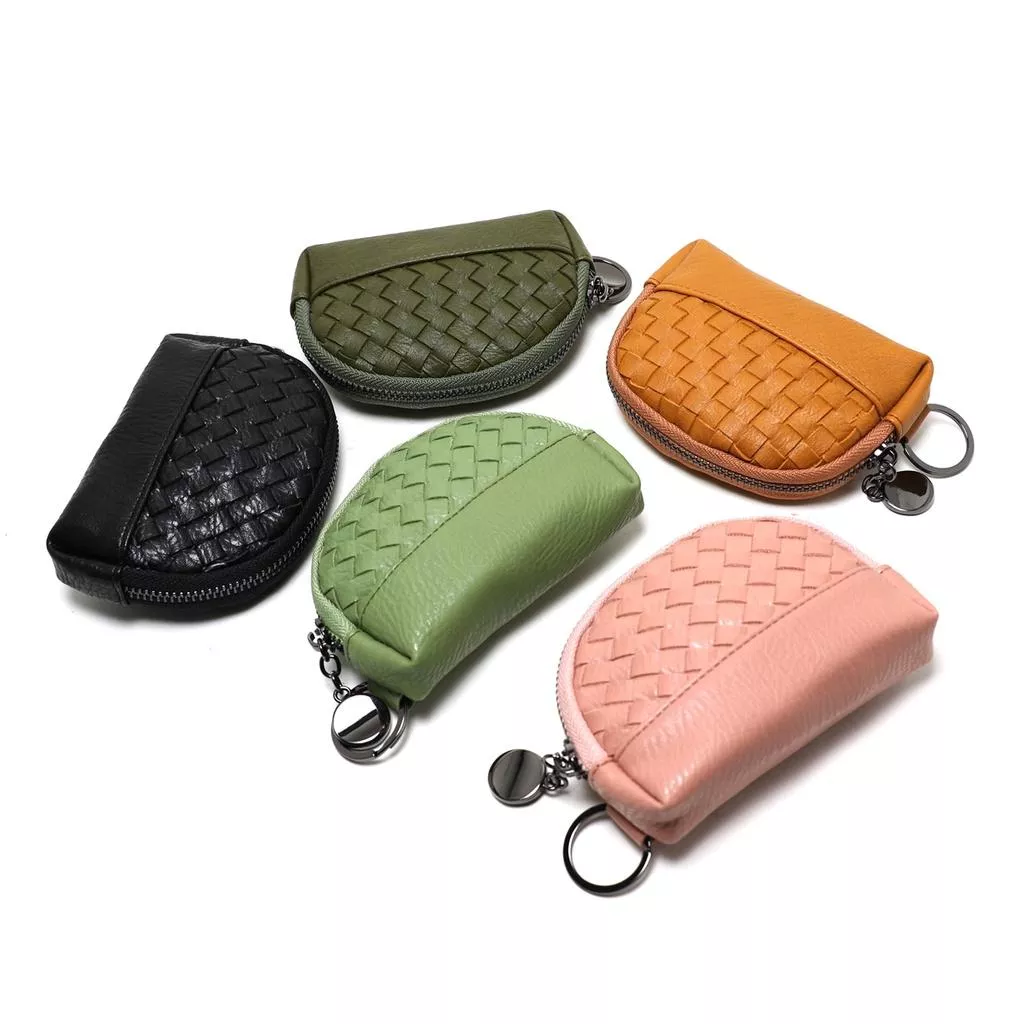 (粉色)韓國時尚款 手工編織簡約拉鏈零錢包 收納包 鑰匙包 零錢包