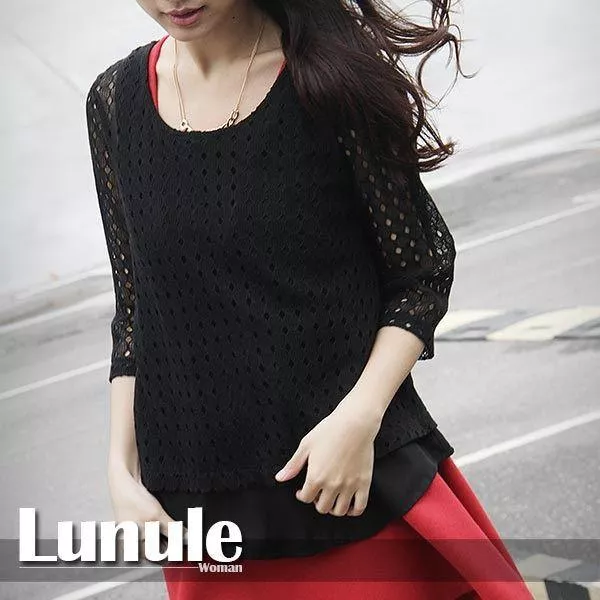 韓系簡約率性 多層次 針織洞洞假兩件 顯瘦 修身 微飄逸 長袖 黑色 七分袖上衣 K018
