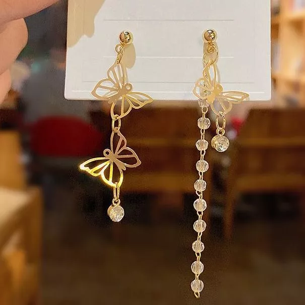 韓款 春夏 甜美蝴蝶翩然水鑽耳環 花園系列 女 長款 流蘇 耳釘 耳飾 耳環 耳針 飾品