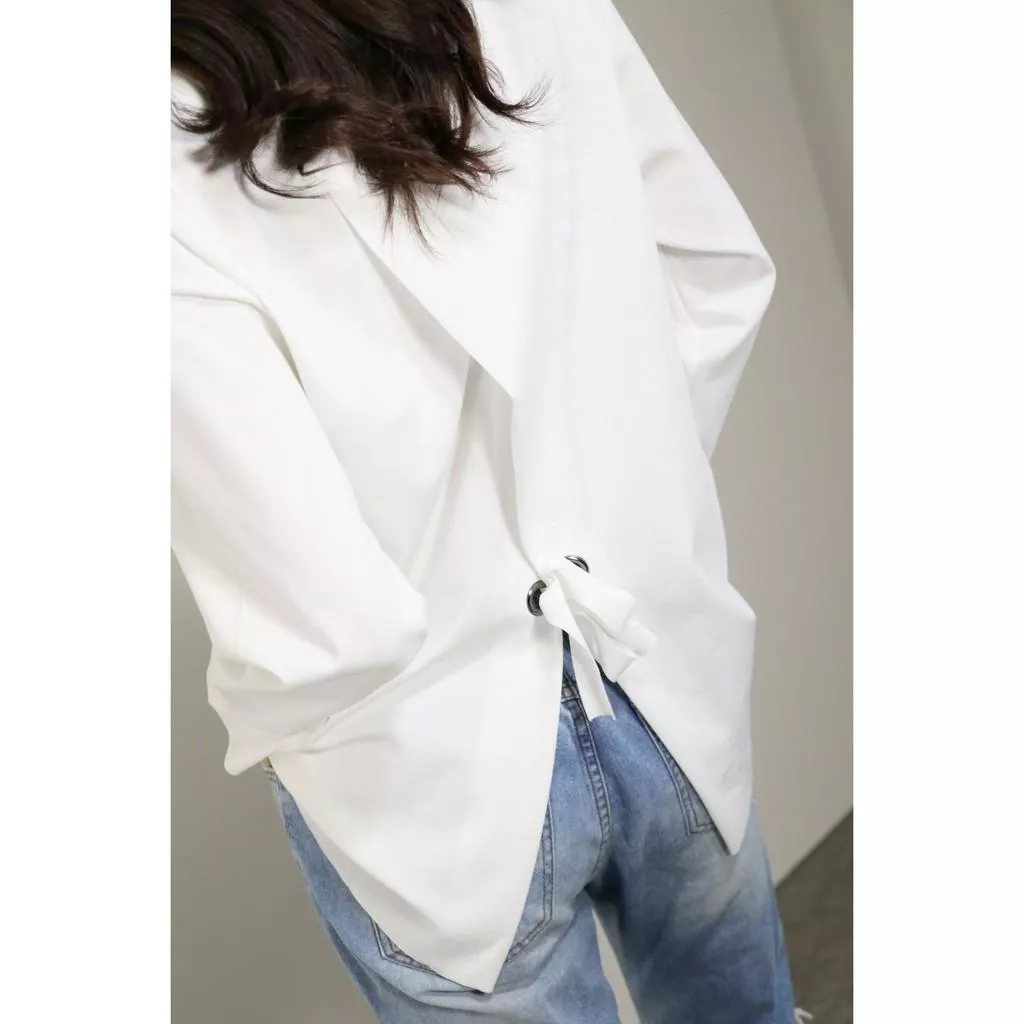 正韓 韓製 質感圓領下鬆緊前短後長蓋屁屁背面蝴蝶結綁帶顯瘦棉麻長袖上衣‧3色【k004】